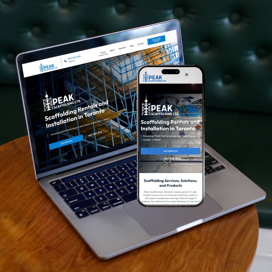 PEAK Scaffolding website on a laptop