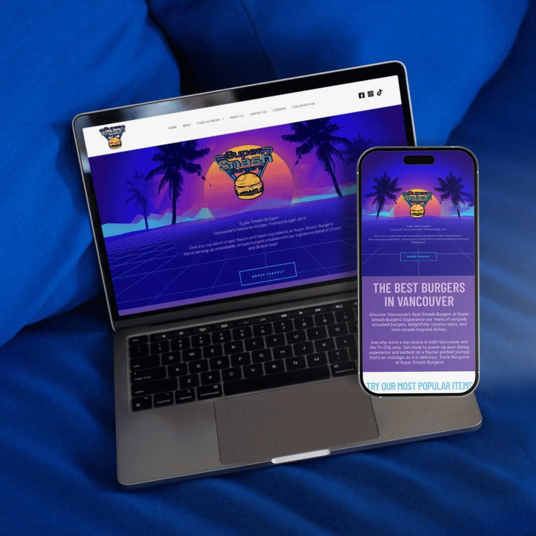 Super Smash Burgers website on a laptop