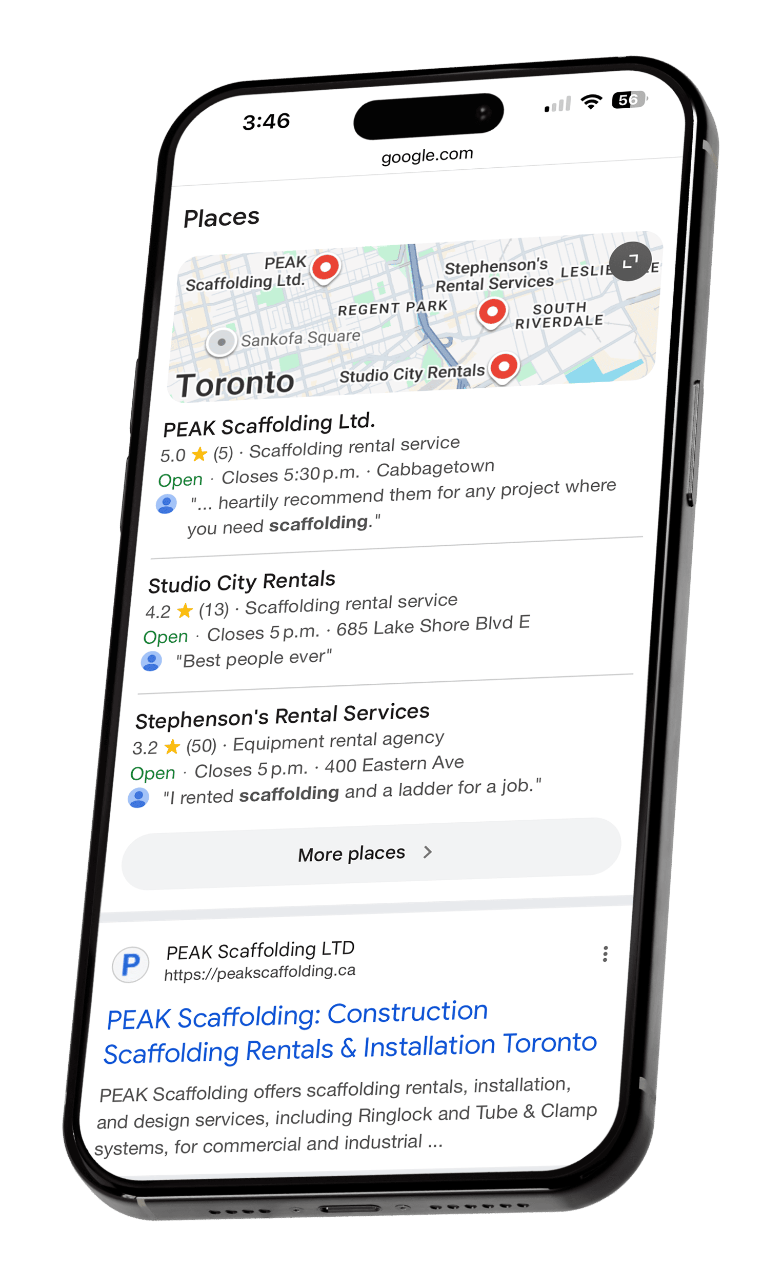 PEAK Scaffolding ranking #1 in Google Map Pack for Toronto Scaffolding