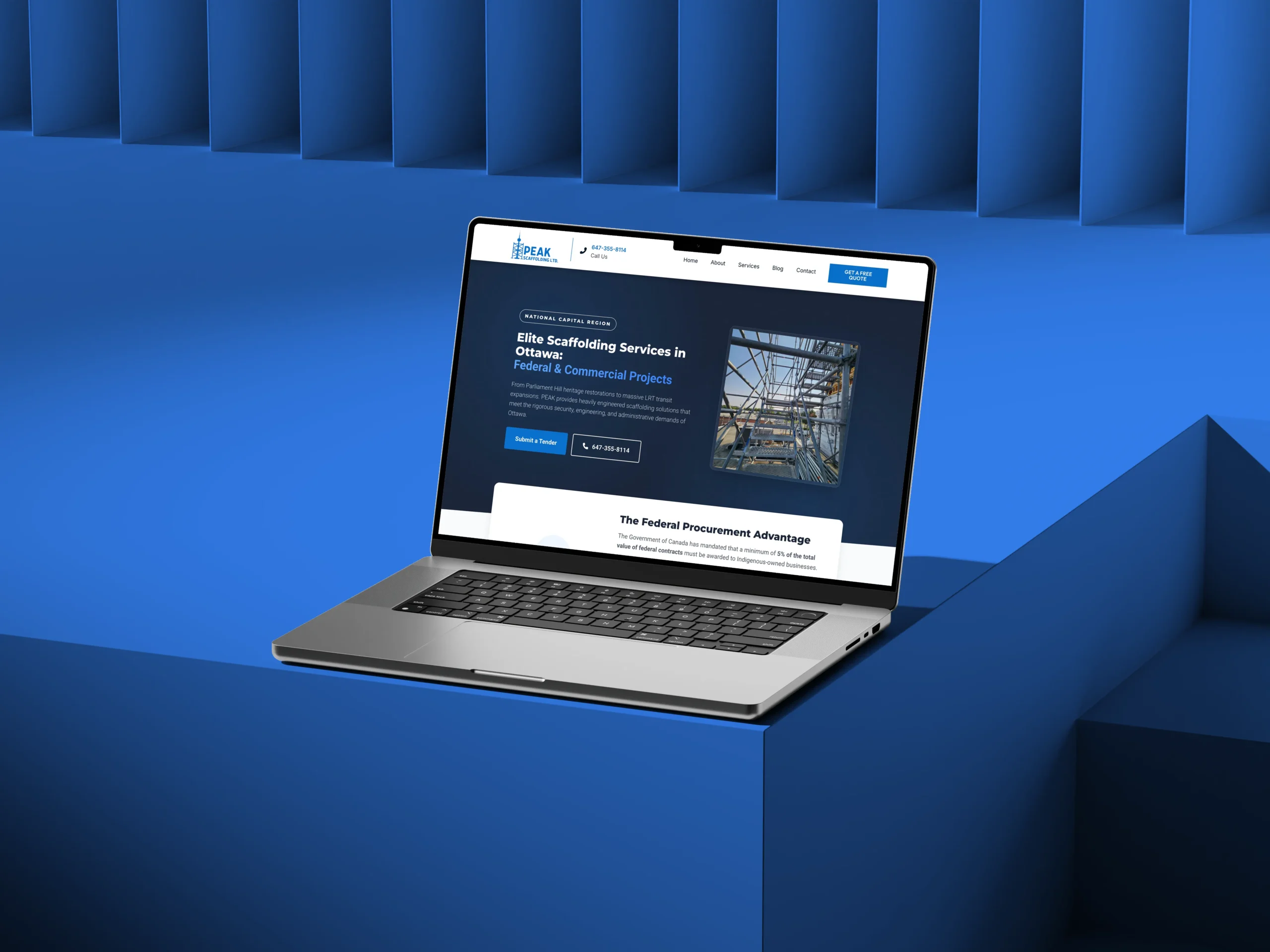 PEAK Scaffolding website on a MacBook